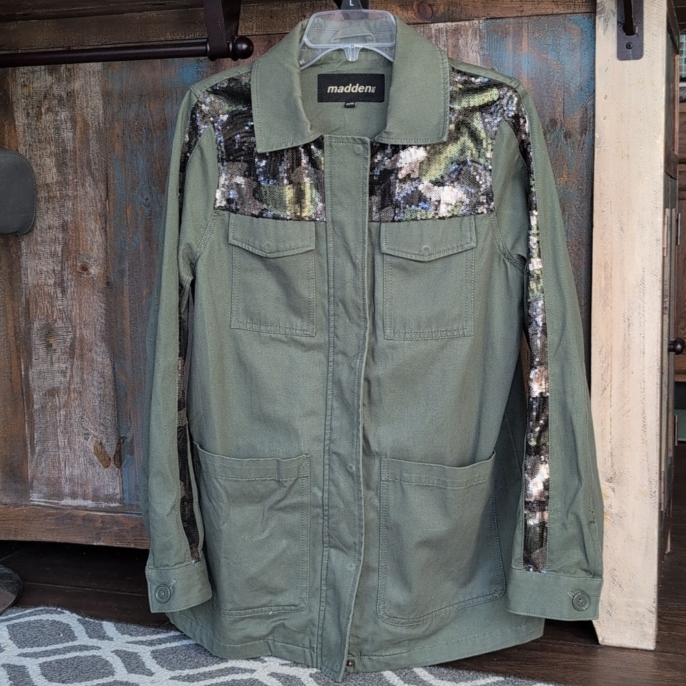 Madden NYC Twill Military Utility Jacket Olive Green Camo Sequins - Women's M